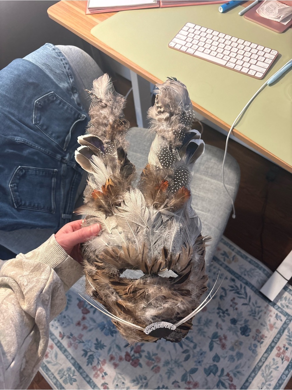 Handmade Feather Carnival Mask in Natural Browns and Grays - Picture 2 of 4